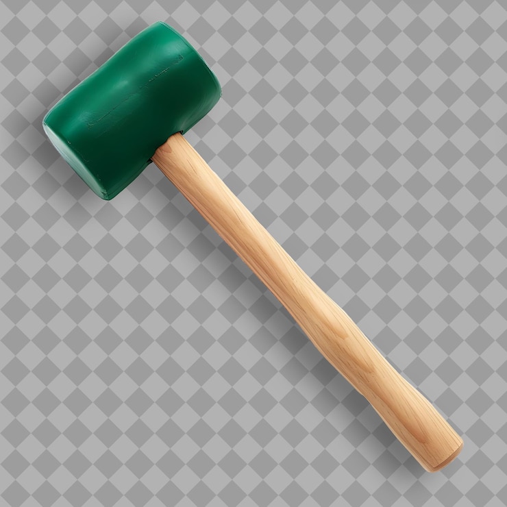 PSD mallet with green rubber head and wooden handle a tool used png tool on clean background