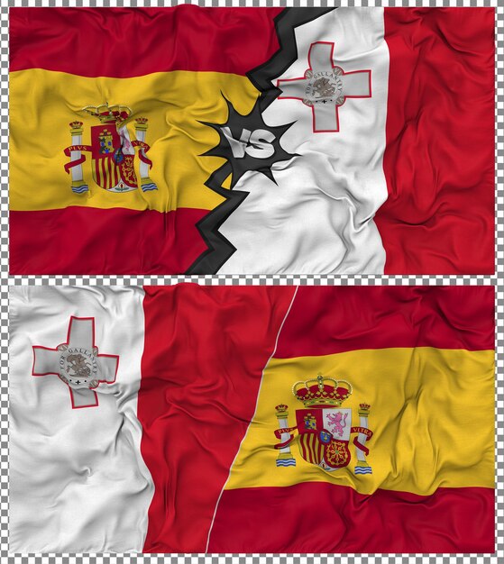 Malta contro la Spagna Half Combined Flag Cloth Bump Texture Rendering 3D