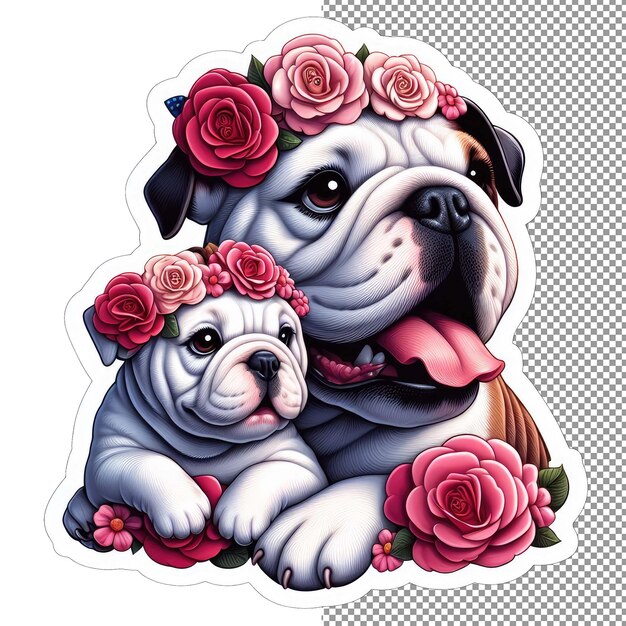 PSD mamá de perro de amor maternal con un cachorro en una pegatina de flores