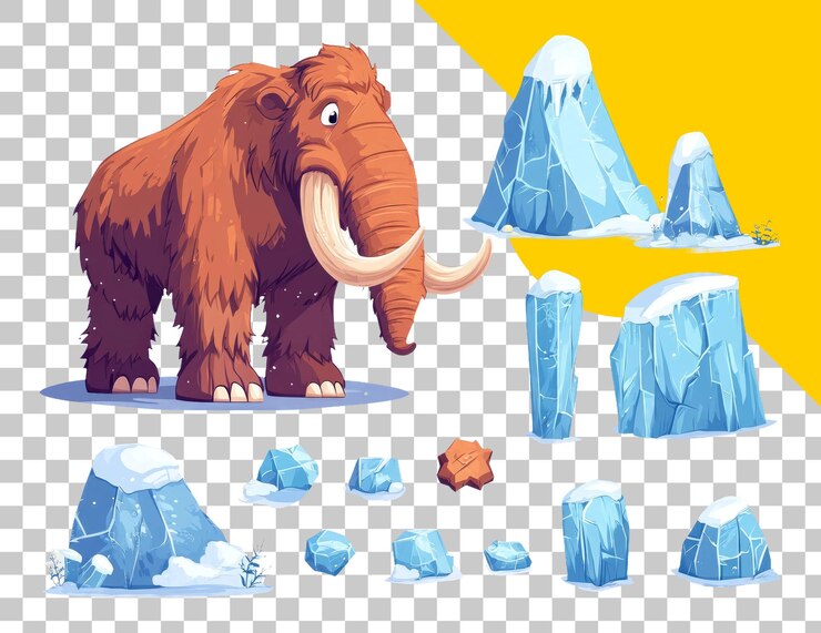PSD mamute de desenho animado e icebergs em fundo transparente