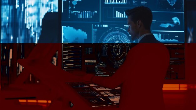 man analyzing data on multiple screens