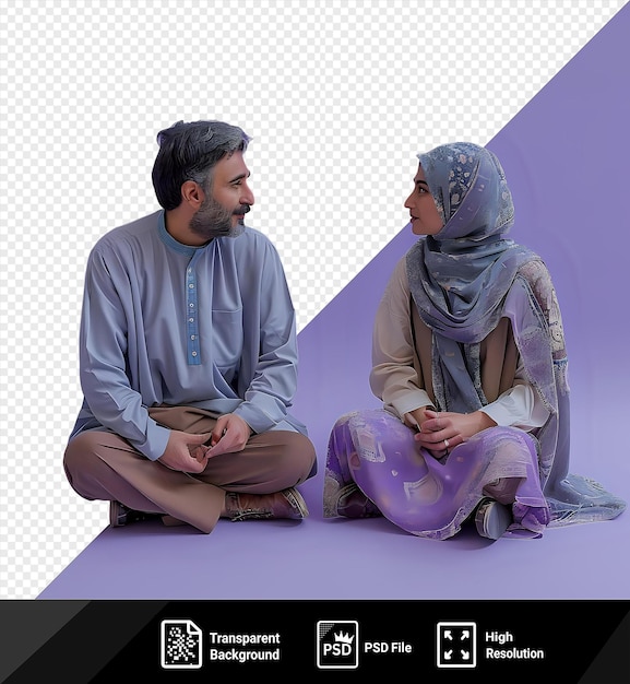 PSD man and woman sitting opposite each other and talking with the man wearing a gray and blue shirt and brown pants and the woman wearing a purple pant and gray scarf the man png