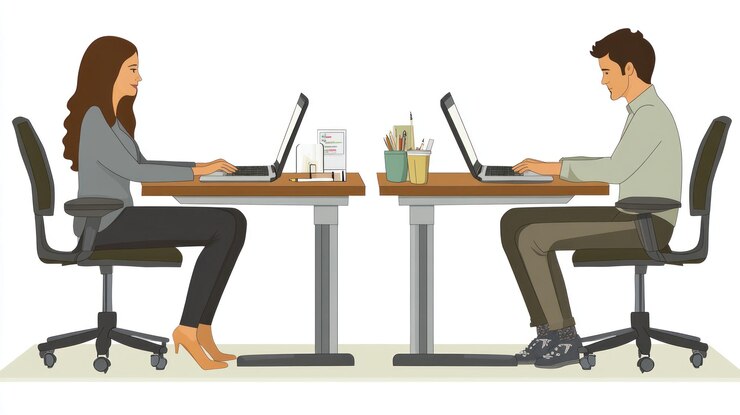 PSD man and woman working on laptops at desks