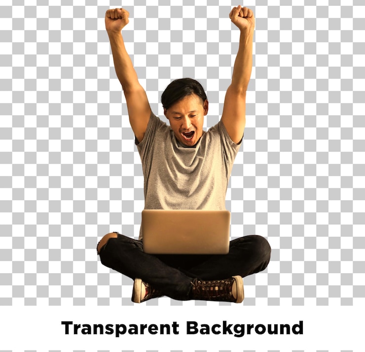 PSD man celebrates victory with arms raised laptop in front of him