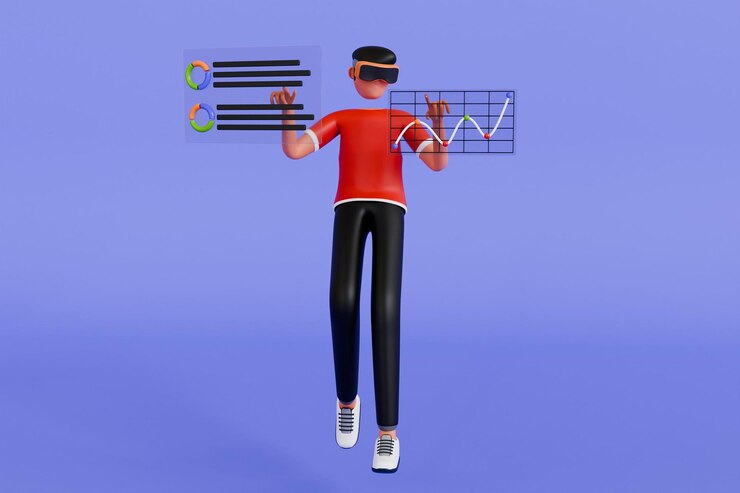 PSD man doing data analysis in vr tech 3d illustration