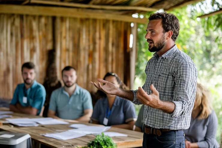 PSD man giving presentation to attentive audience outdoors at rustic wooden table