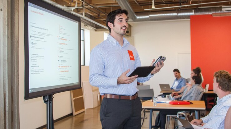 PSD man giving presentation to small group in modern office