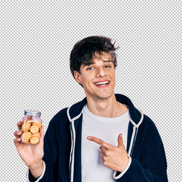 PSD man happily pointing at a jar of cookies