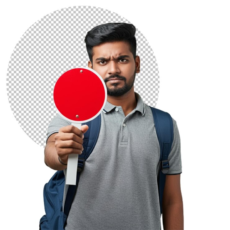 PSD man holding a stop sign wearing a backpack on isolated background