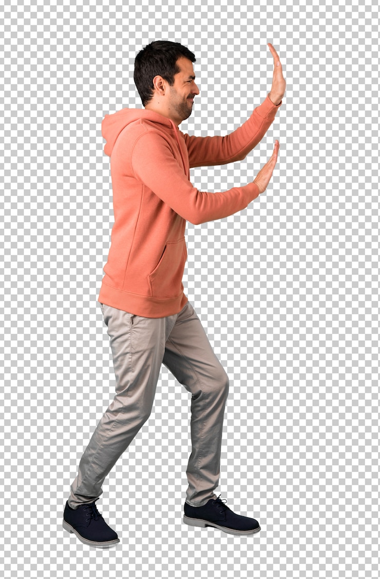 PSD man in a pink sweatshirt pushing something