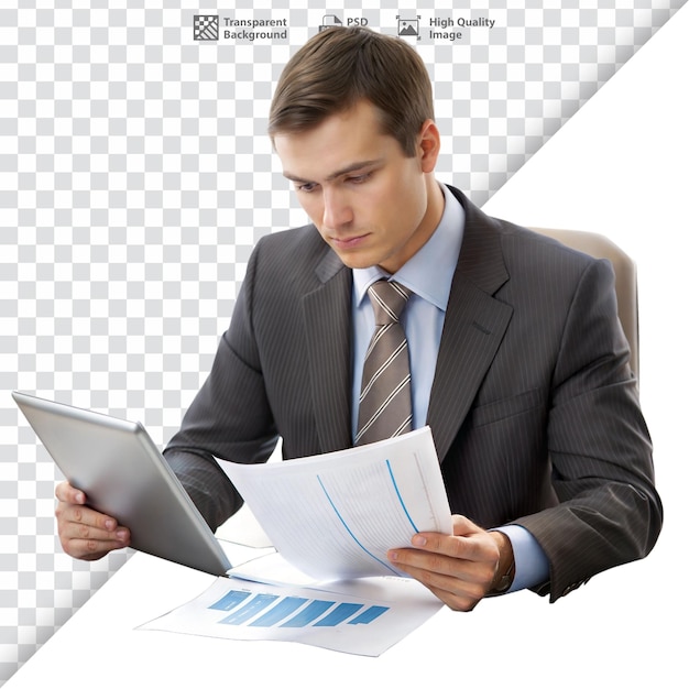 man in a suit reading documents and using a laptop