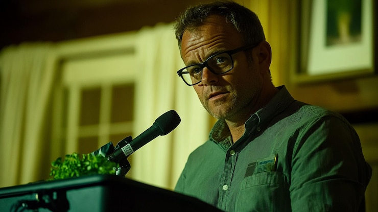 PSD man in glasses giving a serious speech at a podium