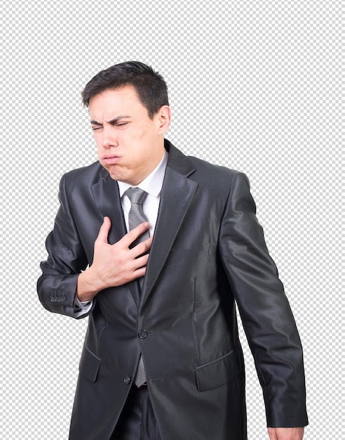 Man in suit experiencing nausea and chest pain