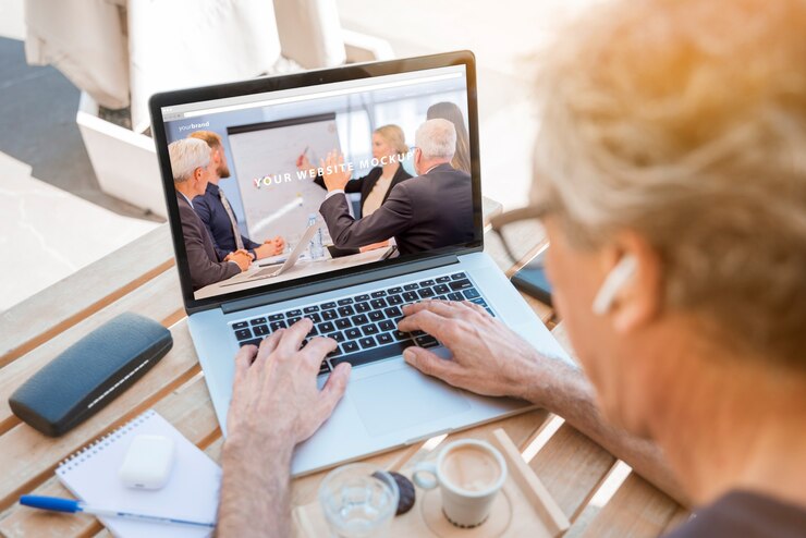 PSD man looking at laptop mockup