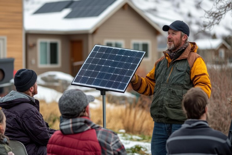 Man presenting solar panel to group outdoors in winter