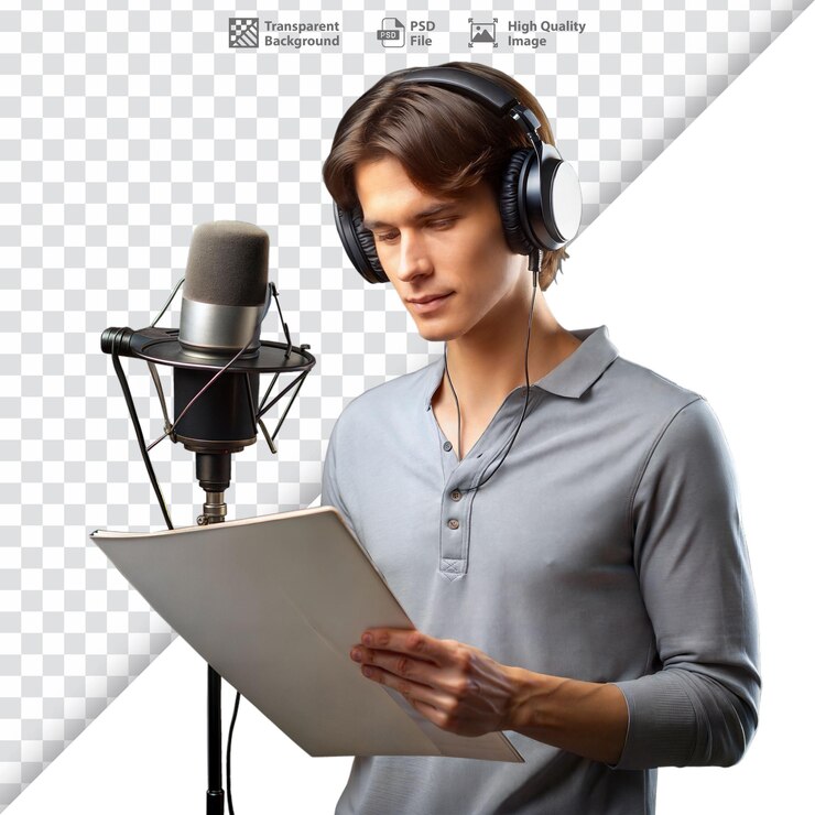 PSD man recording vocals in a studio illustrating music production creativity