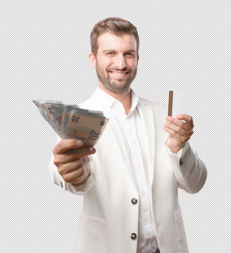 PSD man showing 20 euro bills and credit card