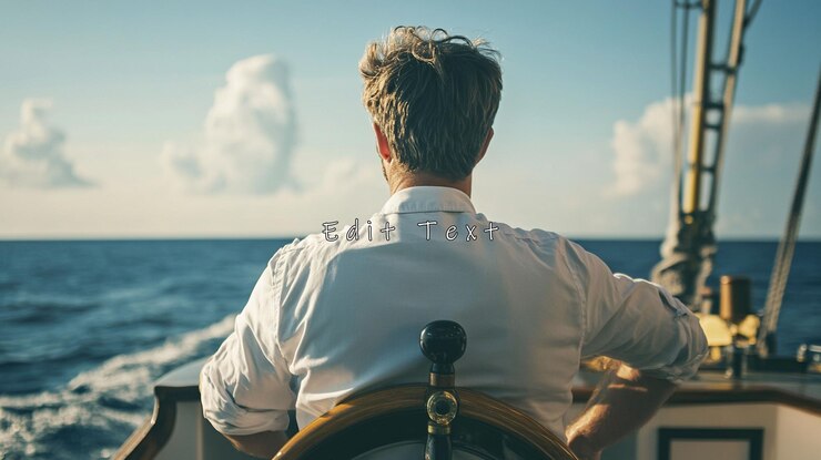 PSD man steering sailboat at sea ocean view