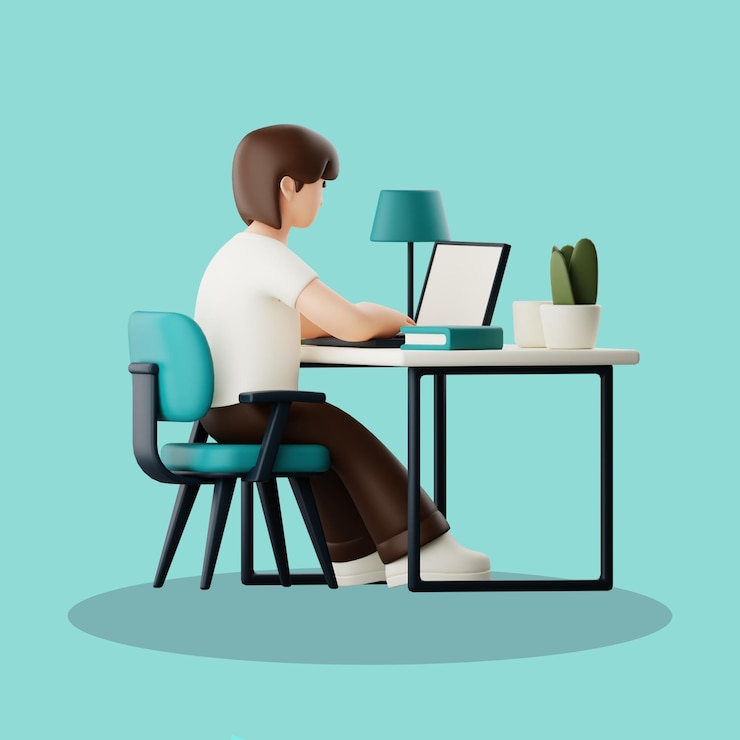 PSD man working on a laptop at a modern desk setup