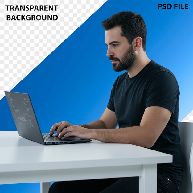 Man working on laptop at desk with blue backdrop and transparent background
