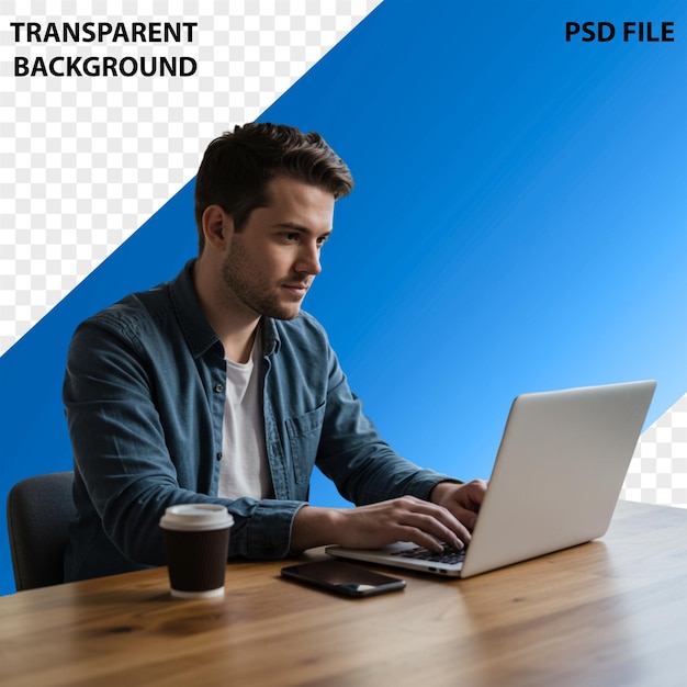 Man working on laptop at desk with coffee and phone