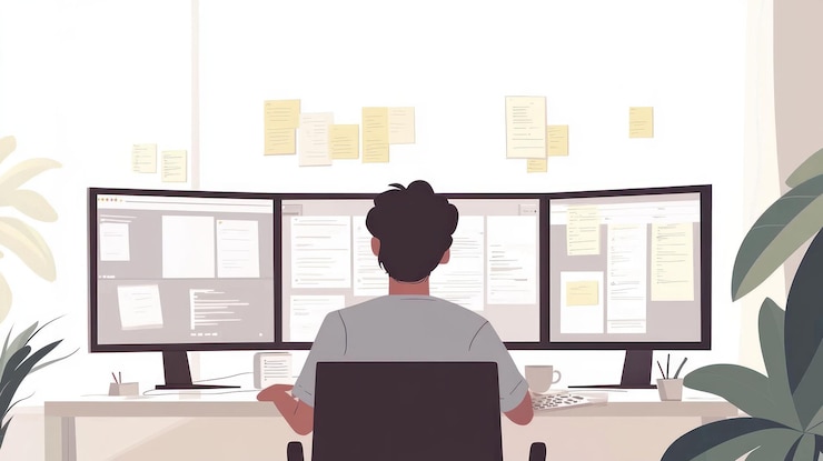 PSD man working on triple monitors at home office