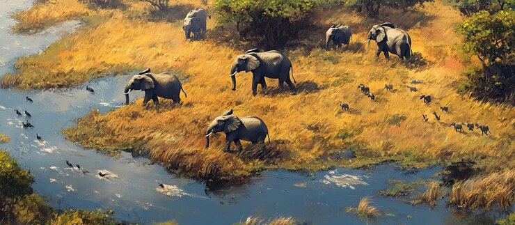 PSD una manada de elefantes africanos caminando por un río