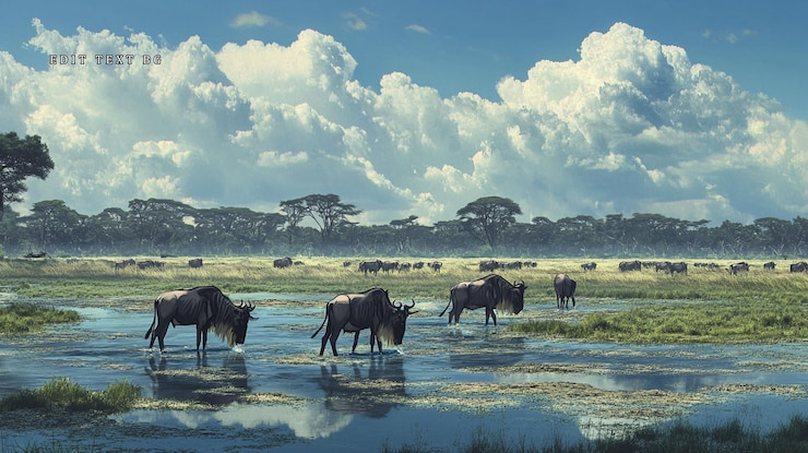 PSD una manada de gnus bebiendo en un sereno humedal de la sabana africana bajo un cielo dramático