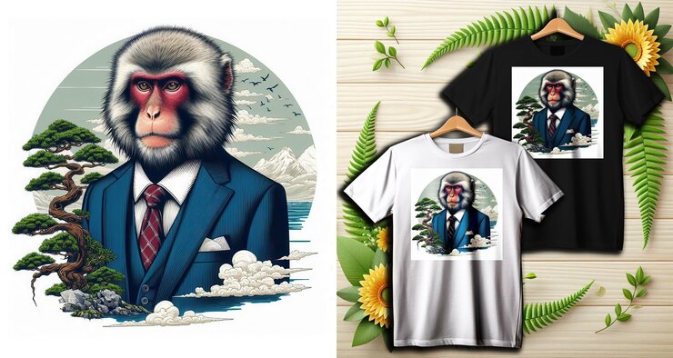 PSD mañana tranquilo macaco en trajes de negocios modernos entre bonsai camiseta de diseño de arte para niños y niñas