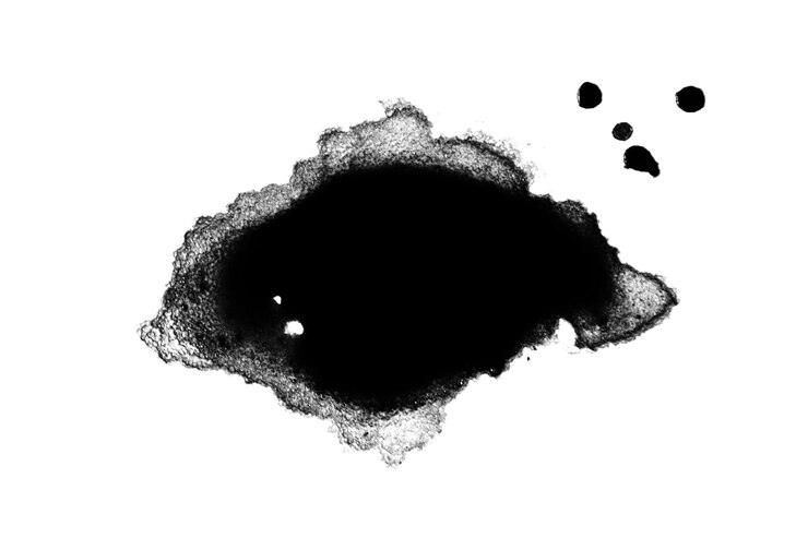 PSD mancha de pintura o tinta negra derramada en forma de mancha o salpicaduras sobre un fondo en blanco