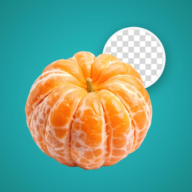 Mandarina descascarada en plástico sobre fondo transparente con capa de máscara editable