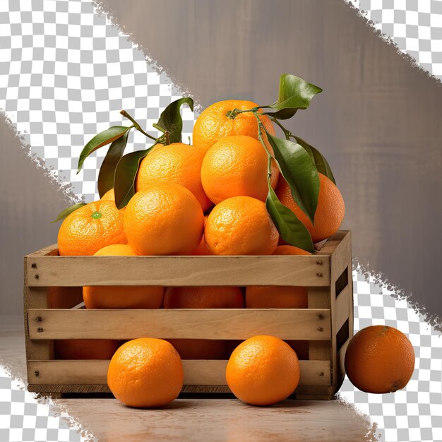 PSD mandarina embalada numa caixa de madeira sobre um fundo transparente