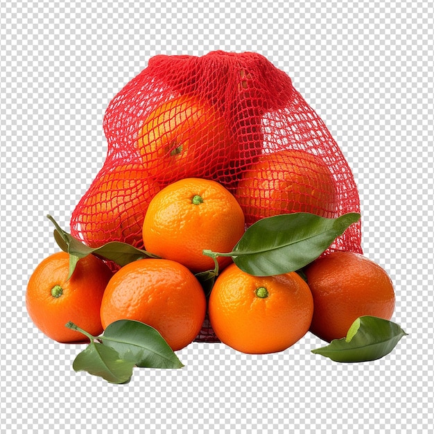 PSD mandarinas em um saco de malha vermelha isolado em fundo transparente