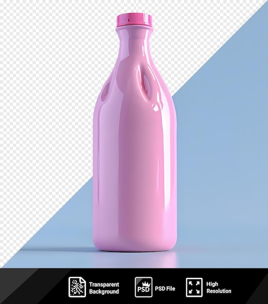 Mandelmilchflasche mit rosa oberseite und glänzender reflexion auf klarem blauen tisch png