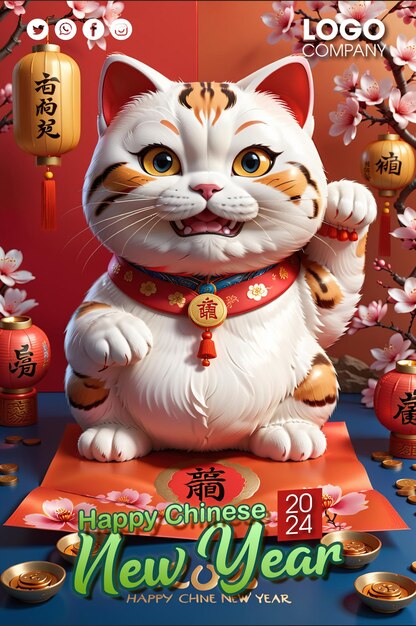 PSD maneki neko amuleto da sorte 3d ilustração gato personagem e fundo oriental