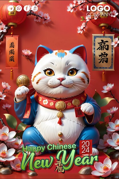 PSD maneki neko amuleto de la suerte ilustración en 3d personaje de gato y fondo oriental