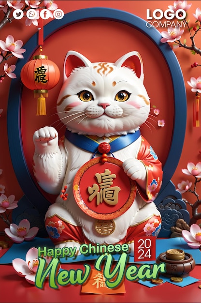 PSD maneki neko amuleto de la suerte ilustración en 3d personaje de gato y fondo oriental