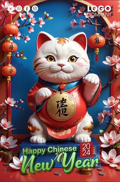 PSD maneki neko amuleto de la suerte ilustración en 3d personaje de gato y fondo oriental