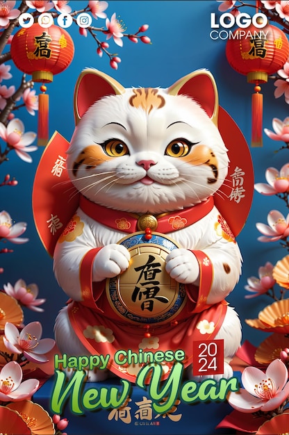 PSD maneki neko amuleto de la suerte ilustración en 3d personaje de gato y fondo oriental