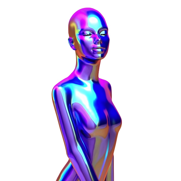 Manequim holográfico feminino renderizado em IA geradora de metal líquido