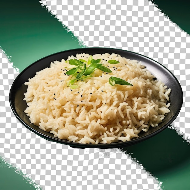 PSD manger une combinaison de nouilles instantanées et de riz blanc sur une assiette noire sur un fond transparent