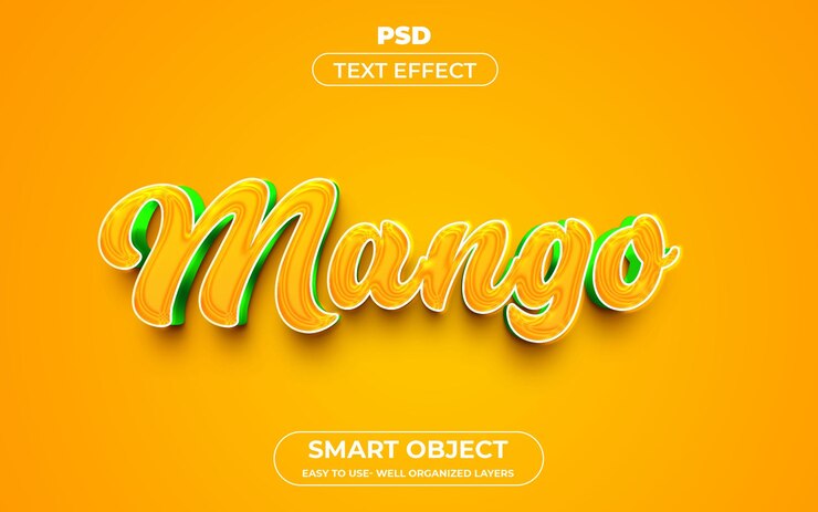 PSD mango 3d bearbeitbarer texteffektstil premium-psd-vorlage mit hintergrund