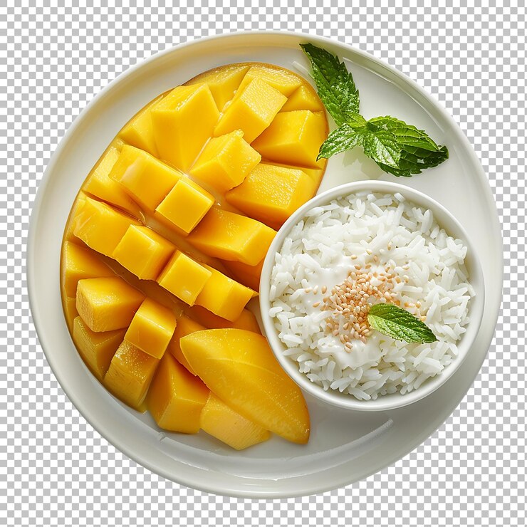 PSD mango con arroz pegajoso postre tailandés
