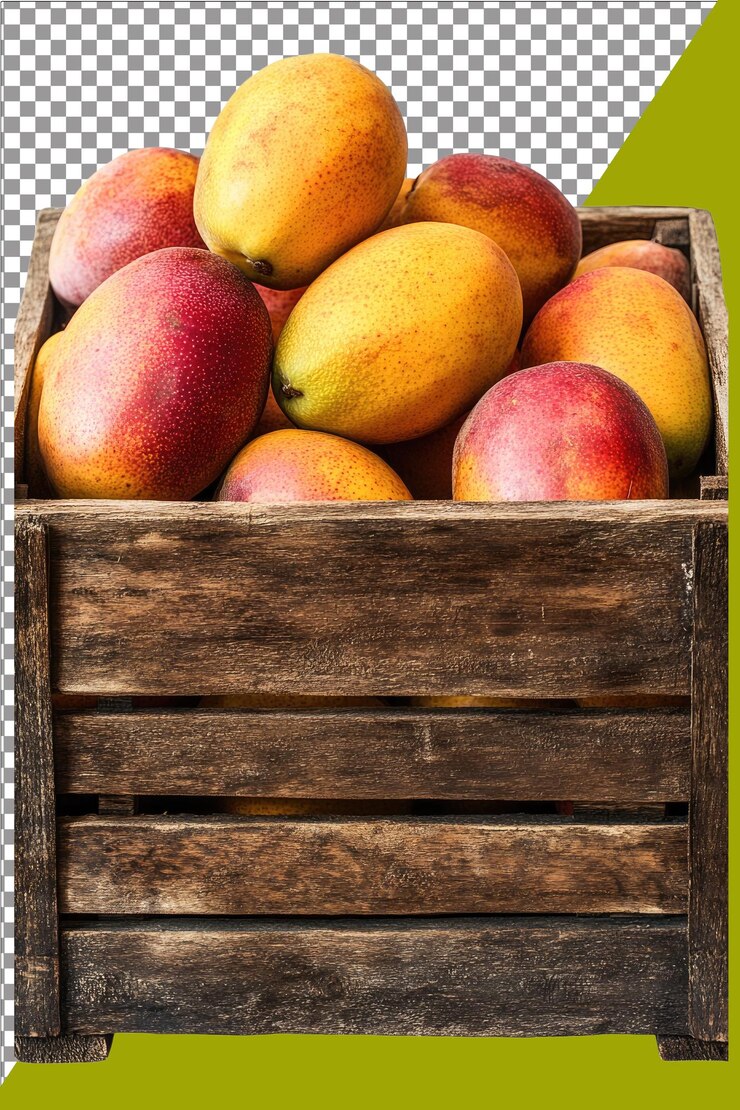 Mango en una caja de madera Tropical y dulce perfecto para los amantes de la fruta Hiperrealista blanco aislado