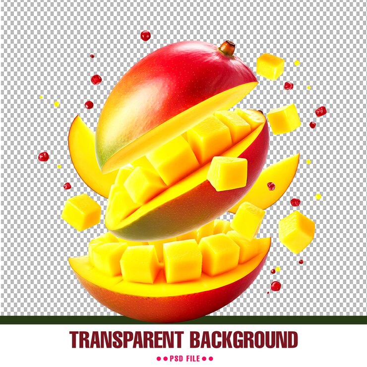 PSD mango explotando con jugo salpicado y rebanadas levitantes en un fondo transparente
