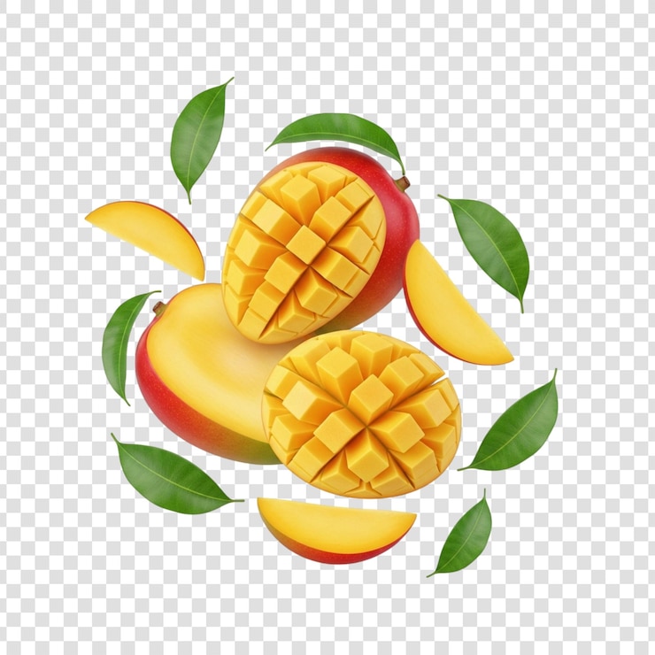 PSD mango fraîche et feuilles sur un fond transparent