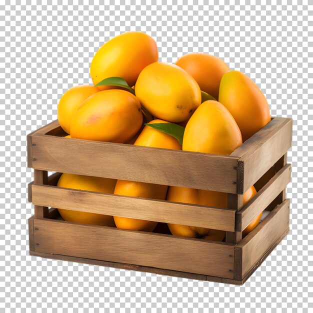 Mango fresco en caja de madera aislado sobre un fondo transparente