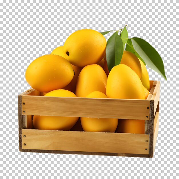 Mango fresco en caja de madera aislado sobre un fondo transparente