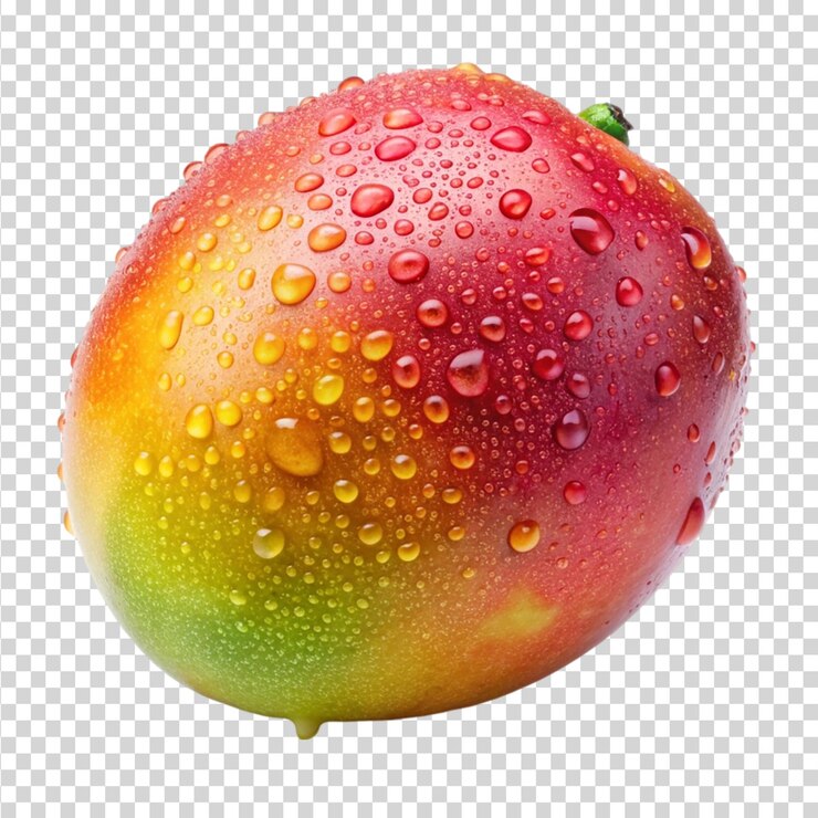 PSD mango fresco y húmedo con gotas aisladas sobre un fondo transparente