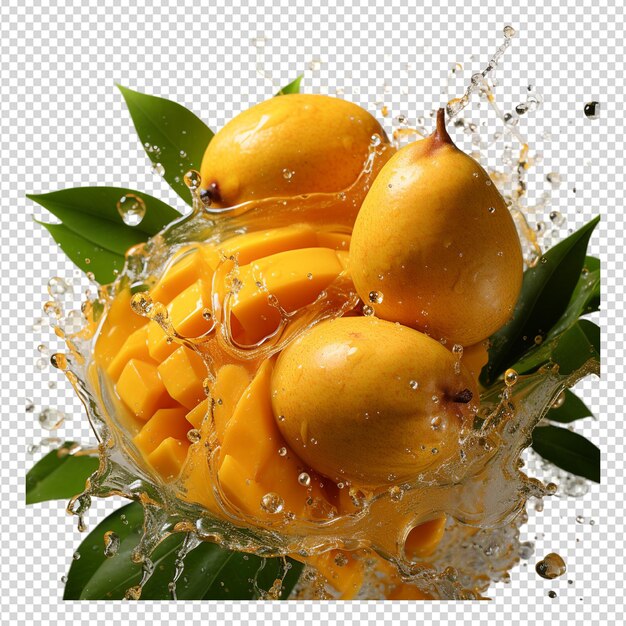 PSD mango mit mango-saft auf weißem hintergrund